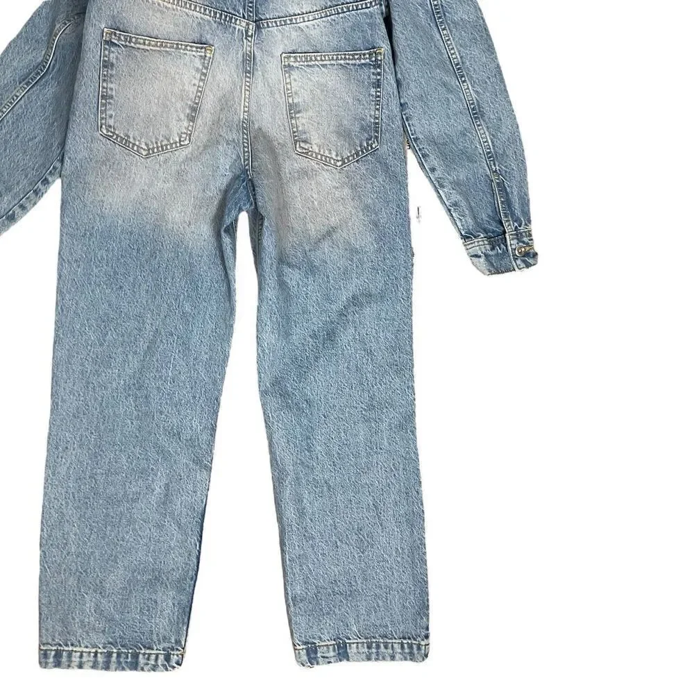 ZARA Jumpsuit Women’s‎ S Pink Dyed Denim One Piece Collared Long Sleeve Button
